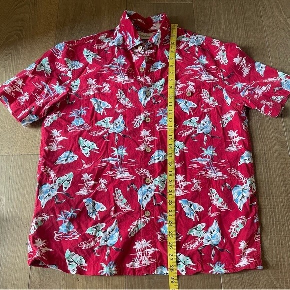 Caribbean Red Hawaiian Palm Leaves Tress 3 Pockets Zip Cotton Blend Men's Shirt - Picture 5 of 9